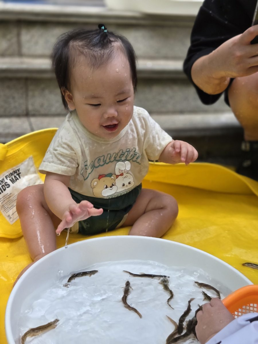 미꾸라지가 담긴 대야 옆에서 즐거워하는 0세반 아이